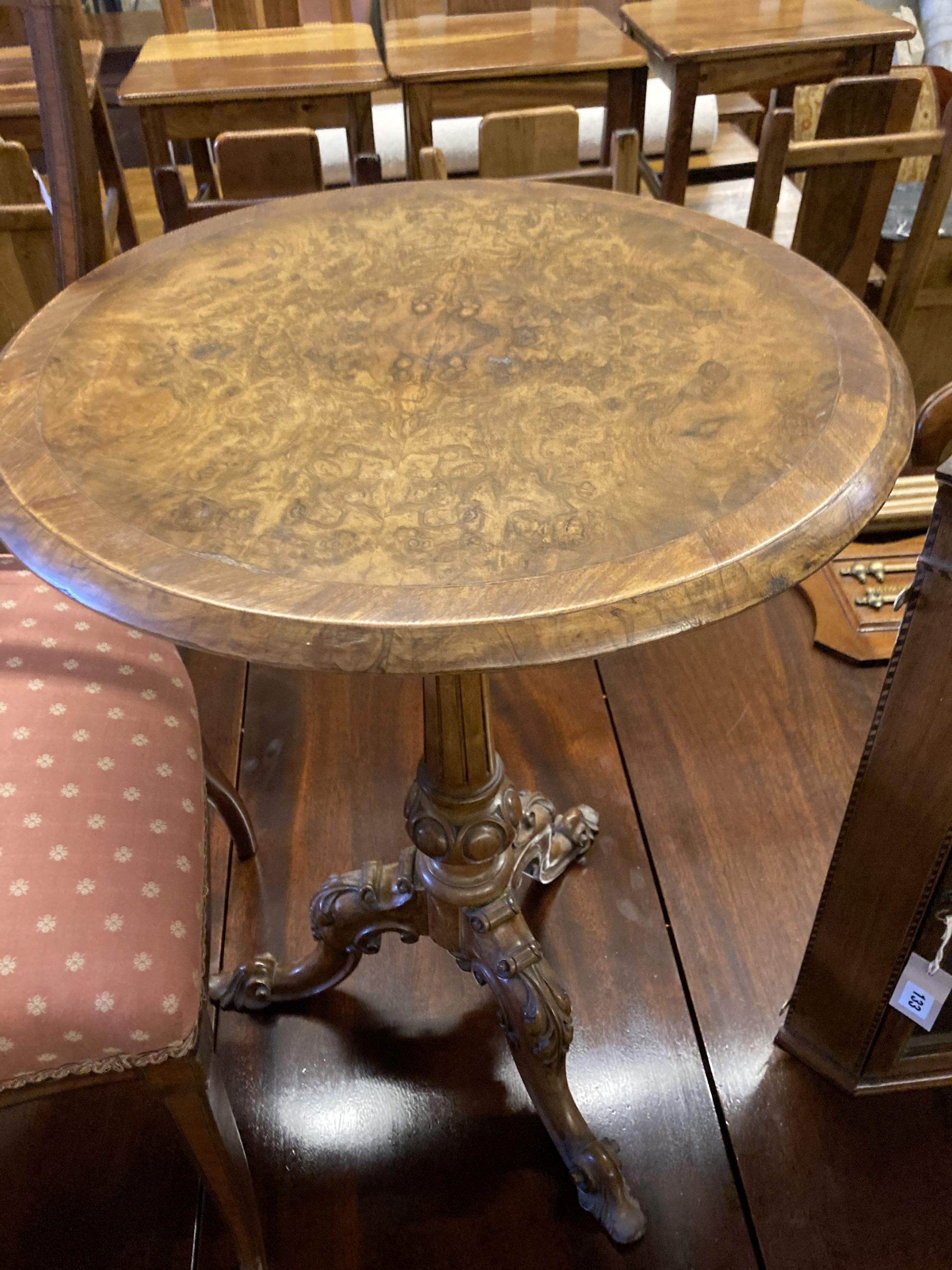 A Victorian burr walnut circular tripod wine table, 48cm diameter, height 70cm and an Edwardian satinwood banded salon chair